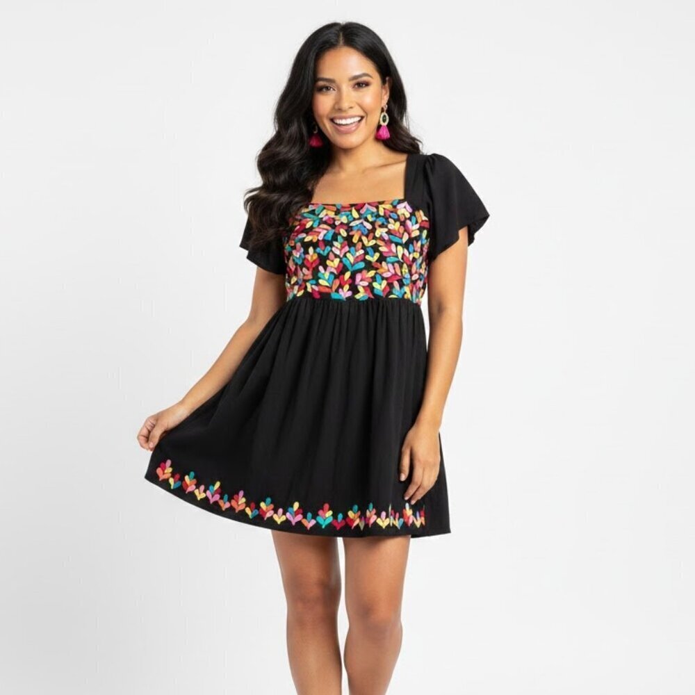 Savanna Jane Black Mini Dress with Colorful Rainbow Floral Embroidery